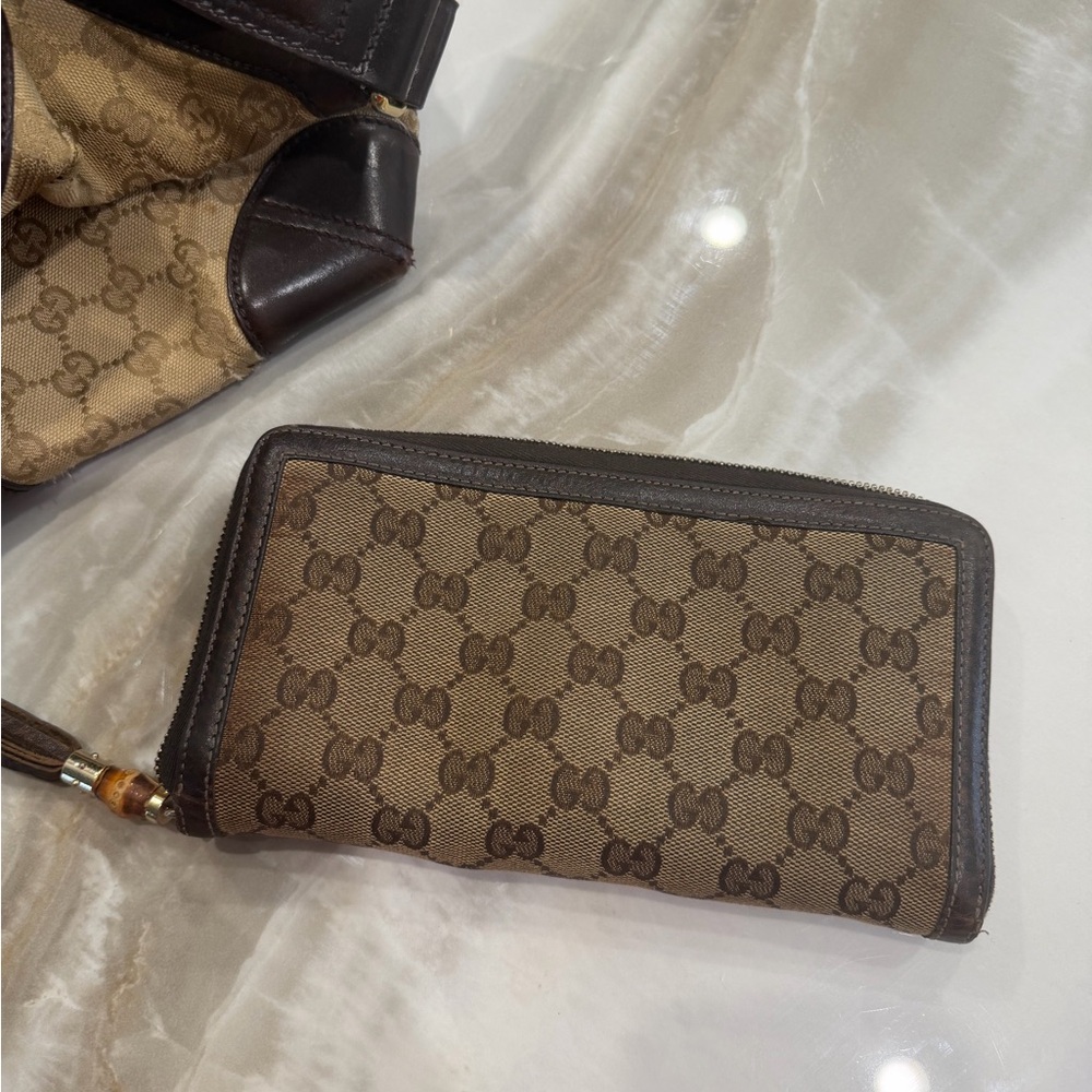 Gucci Tan and Brown Monogram Zip Wallet